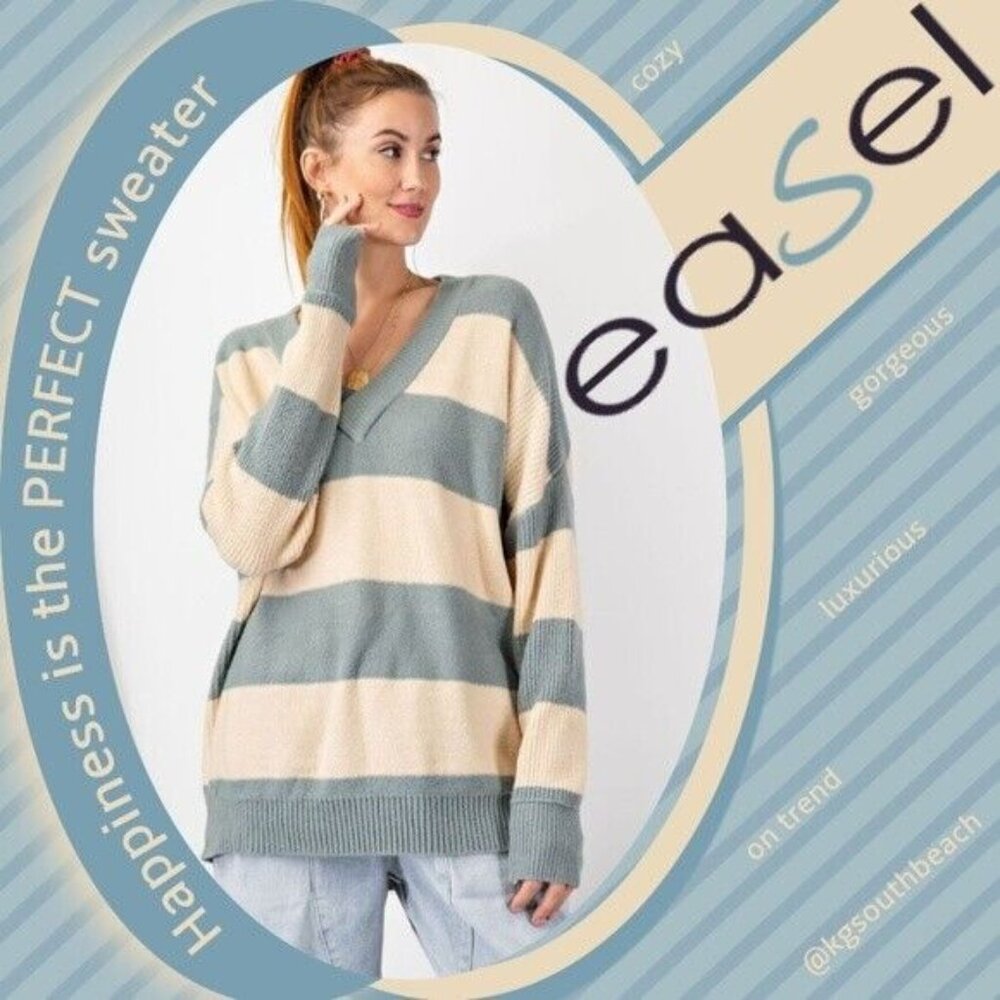 EASEL Wide Striped Sweater Ribbed Hems Wide Neckline Long Loose Fit Tunic Style